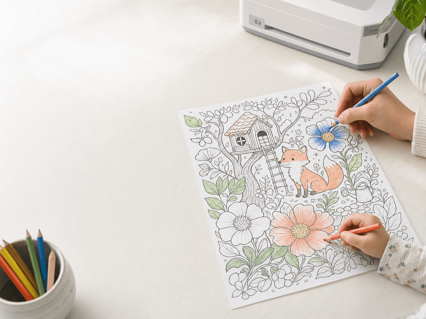 A parent and child coloring an original fox and treehouse page together