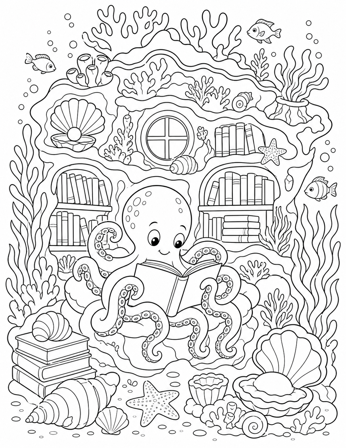 Detailed printable coloring page of an octopus reading in an underwater library