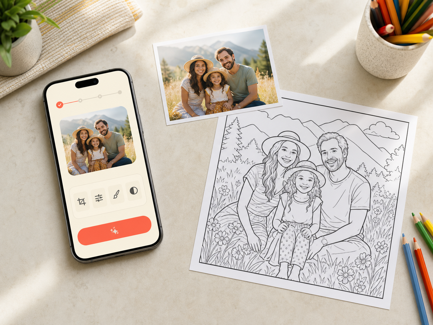 A family photo beside a phone and its matching printable ColorKind coloring page