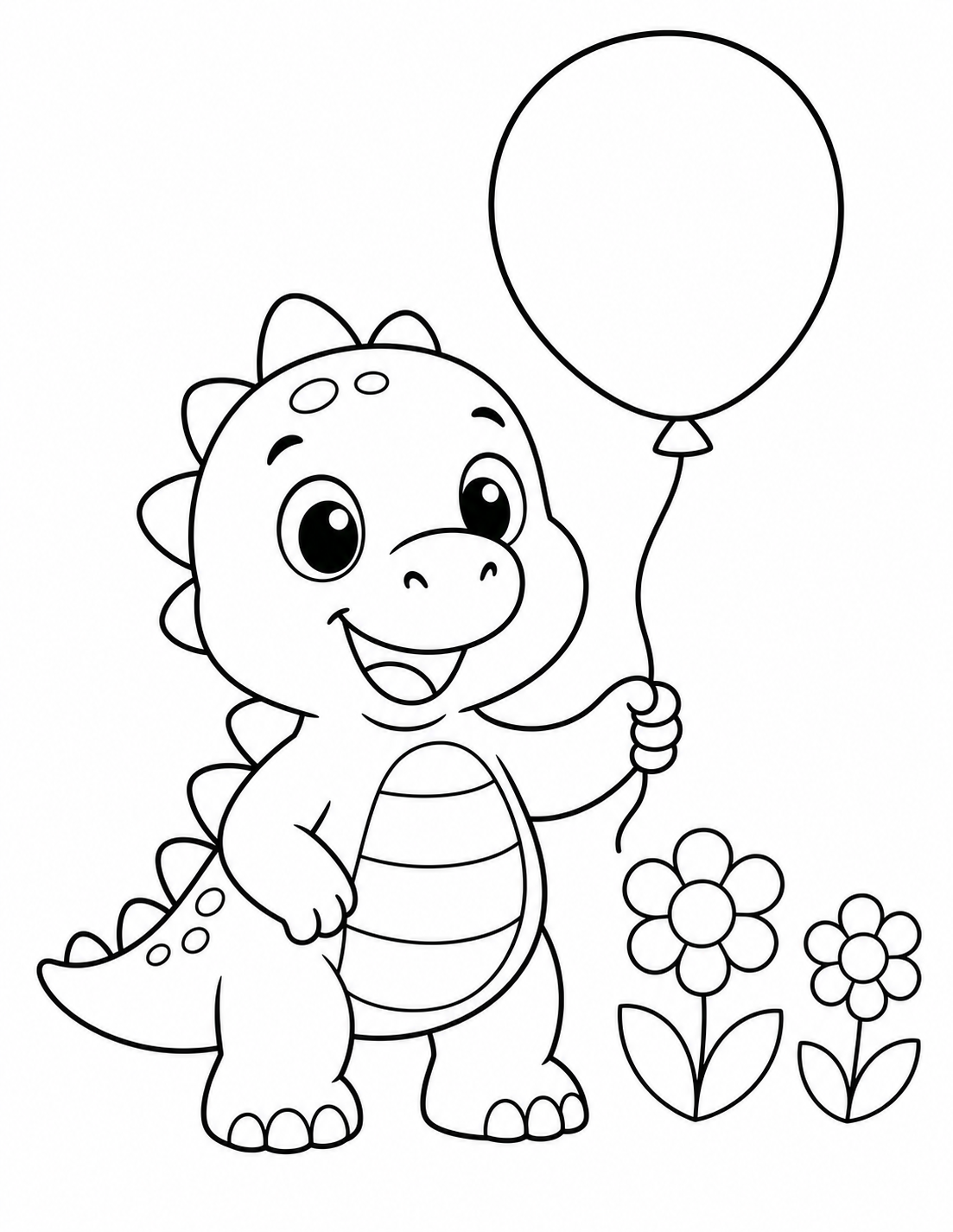 Simple printable coloring page of a baby dinosaur holding a balloon